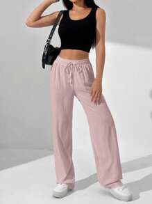 SHEIN Unity Quần ống rộng có dây thắt lưng màu trơn cho nữ - Bụi hồng - Xem 4