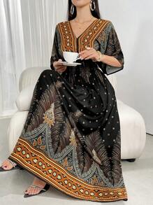 热带印花蝙蝠袖休闲朴素连衣裙 - 黑色 - 查看 1