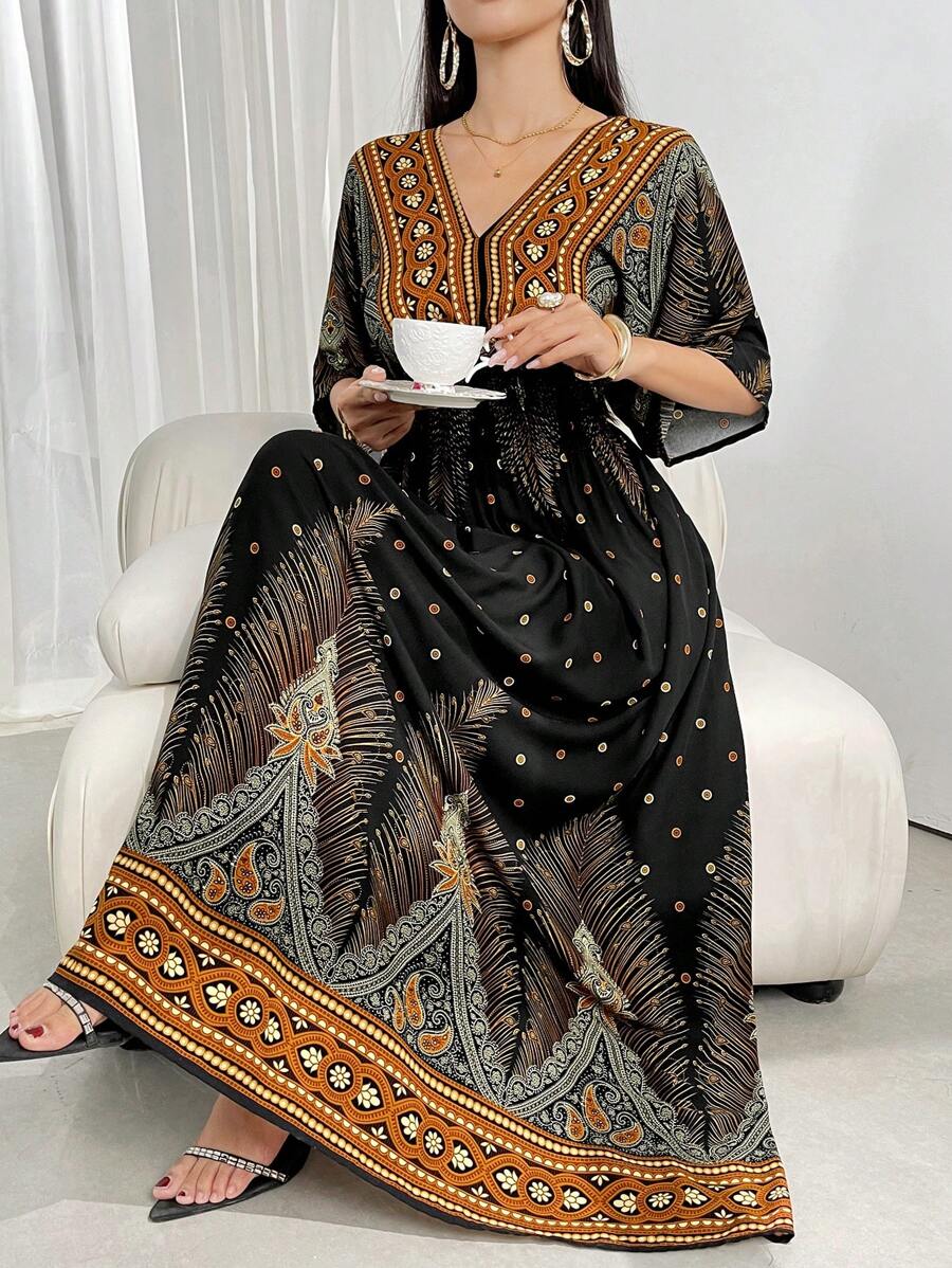 热带印花蝙蝠袖休闲朴素连衣裙 - 黑色 - 查看 1