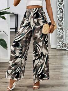 Chiquease Woven Toothpick Pleat Wide Leg Pants With Leaf Print
