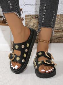 Nouvelles arrivées Sandales compensées femme noires à la mode et confortables, style décontracté, semelle épaisse, style punk, bout rond, ouvert, avec boucle - Noir - Voir 7