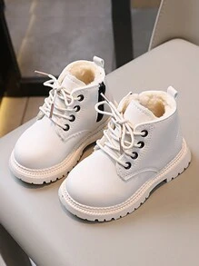 嬰幼女童雪靴，保暖內裡，側拉鏈和鞋帶結合款式，時尚平底踝靴 - 白色 - 查看 1