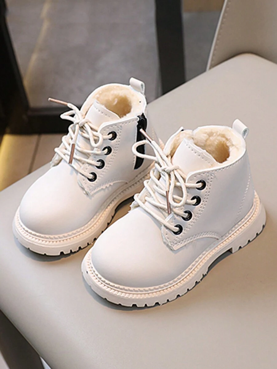 嬰幼女童雪靴，保暖內裡，側拉鏈和鞋帶結合款式，時尚平底踝靴 - 白色 - 查看 1