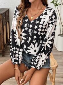 SHEIN Clasi Floral Print Lantern Sleeve Blouse For Dailywear - Black - View 4