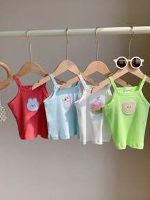 SHEIN Playful Pals 4pcs/Pack Baby Girls' Cute And Comfortable Cotton Blend Camisole Top With 3D Embroidered Animal Pattern, Spring/Summer, Suitable For Home And Outdoors - Multicolor - View 3