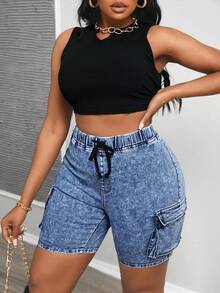 SHEIN SXY Women's Plus Size High Waisted Sexy Slim Fit Jeans Shorts, Denim - Medium Wash - View 4