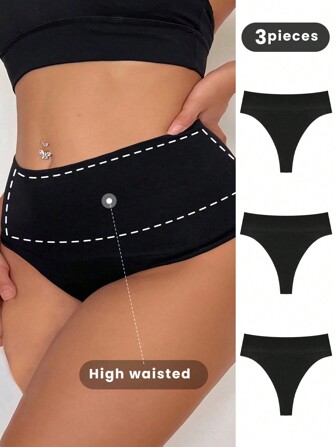 3 Stücke Unterwäsche Große Größen für Damen, einfarbig, hoher Bund und Tanga-Schnitt