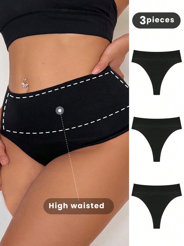 3 piezas de ropa interior femenina estilo tanga de talle alto para tallas grandes de unicolor