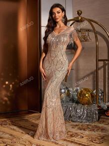 Vestido elegante de lentejuelas de red con contraste de cristales y flecos, corte ajustado tipo sirena, glamoroso para fiesta, cóctel, fiesta de boda, vestido de invitada de boda, vestido formal, vestido de noche