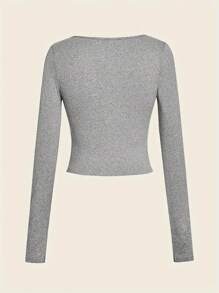 SHEIN Slayr 實心凹槽V領短袖上衣，適用於春夏