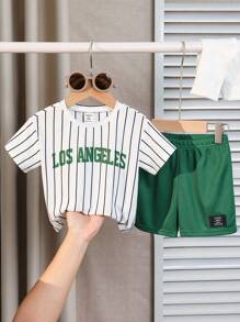 Baby Boy/Girl Summer Letter Print Striped Short Sleeve Top & Elastic Waist Shorts Set, Suitable For Daily Wear, Going To School, Traveling, And Sports In Spring/Summer