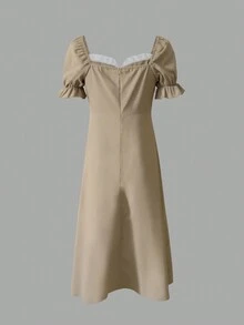 Casual Vacation Style Color-Block Front Split Puff Sleeve Midi Dress - Apricot - View 2