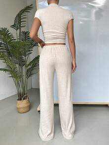 SHEIN EZwear Bộ 2 món Áo sơ mi ngắn tay và quần dài đơn giản hàng ngày dành cho nữ - Màu be - Xem 2