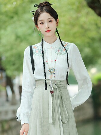 Cloud Pattern Button Front Blouse, Vintage Mock Neck Long Sleeve Blouse For Spring & Fall, Women's Clothing