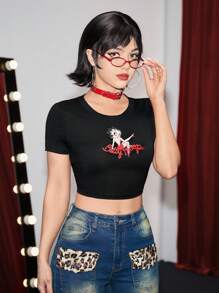 Betty Boop | ROMWE Camiseta corta de verano ajustada con impresión de letra y personaje de dibujos animados