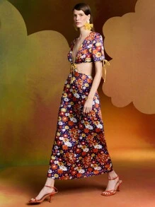 Alice McCall 设计师女士波西米亚风花卉印花深 V 领系带前镂空腰部短袖连衣裙，夏季优雅装扮，适合节日、派对、度假、春季、海滩、节日、伊比沙岛装扮、婚礼舞会礼服、早午餐装扮、茶会礼服 - 彩色 - 查看 8
