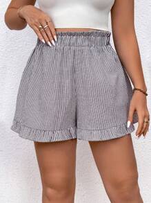 SHEIN LUNE Short taille élastiquée à rayures avec volant pour Femmes en taille Plus - Noir et Blanc - Voir 1