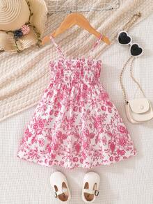 寶寶女孩夏季服裝，新古典天藍色印花花朵裙，可愛優雅每日休閒穿搭 - 粉色 - 查看 2