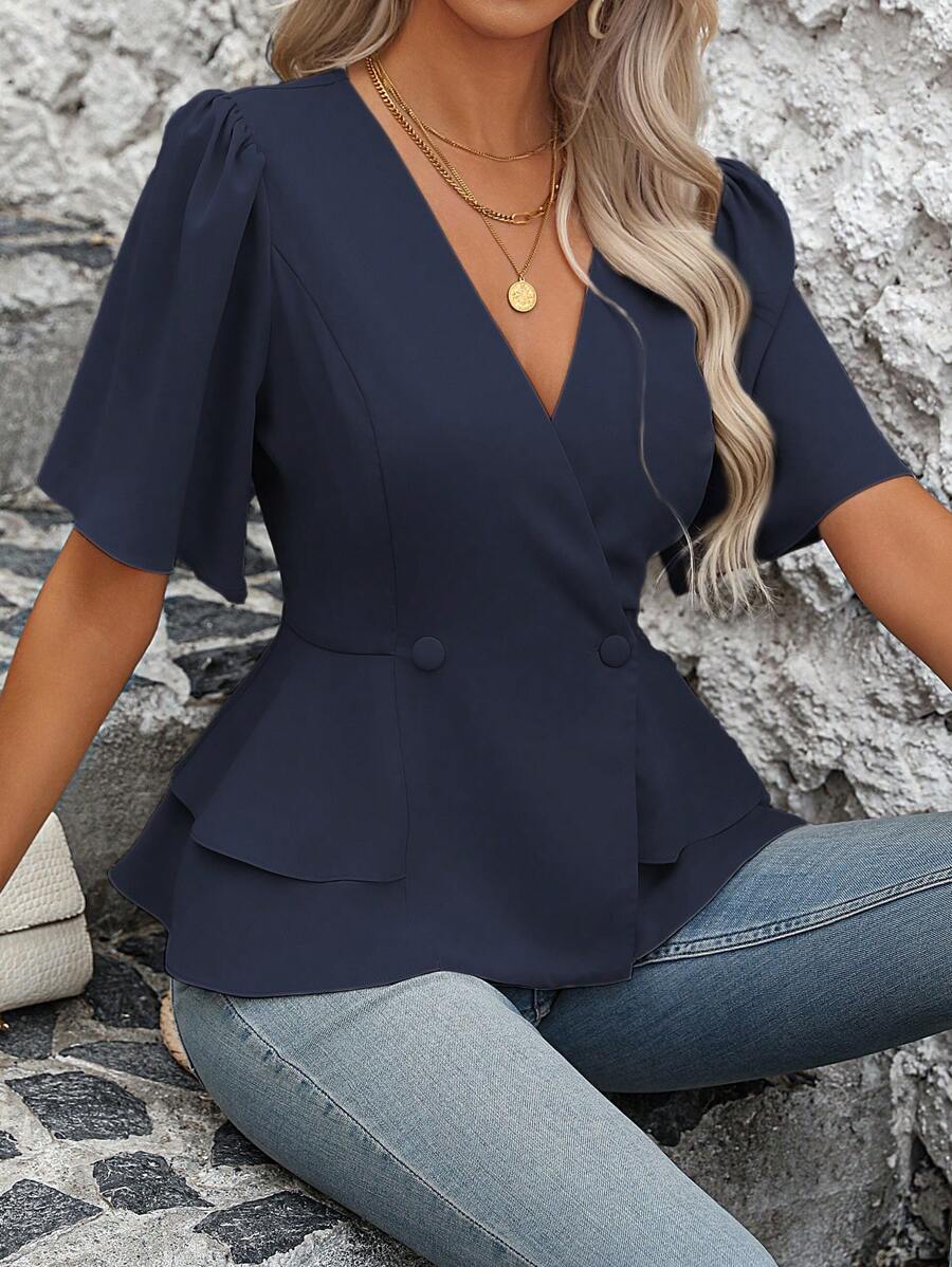 SHEIN LUNE Puff Sleeve Double Button Peplum Blouse