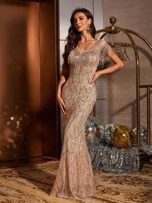 水钻撞色网眼亮片流苏修身美人鱼优雅礼服，魅力四射，适合派对、鸡尾酒会、婚礼派对礼服、婚礼宾客礼服、正式礼服、晚礼服 - 金色 - 查看 6