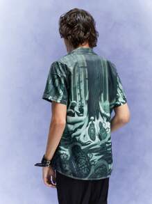 ROMWE MEN Corpse Bride | ROMWE Men's Street-Style Branch Print Short Sleeve Shirt, Suitable For Daily Wear In Spring And Summer, School - Multicolor - View 6