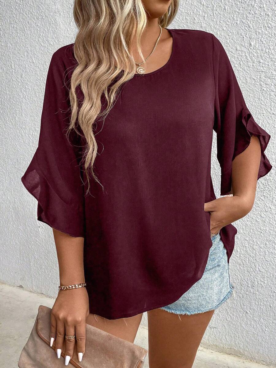 Plus Women Solid Flounce Sleeve Blouse - Burgundy - View 1