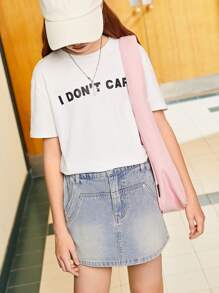 SHEIN Explorewe Chân váy jean đơn giản, thời trang, không chun co giãn, phù hợp cho các bé gái tuổi teen. - Rửa nhẹ - Xem 7