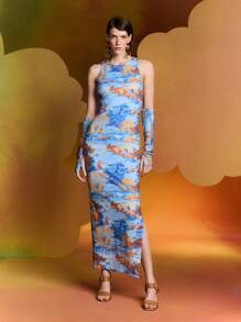 Alice McCall Vestido de verano de mujer diseñador con estampado de plantas, ajuste slim, sin mangas y con aberturas laterales. Vestido de verano elegante para vacaciones, fiesta, Año Nuevo - Multicolor - Ver 1