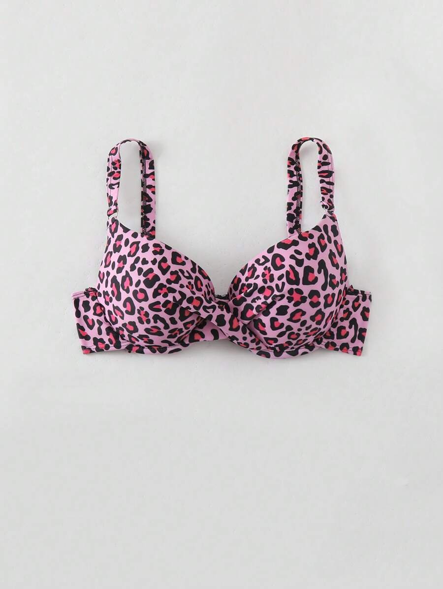 SHEIN Swim 女性夏季沙灘豹紋細肩帶交叉性感比基尼上衣（隨機印花）