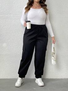 Calvaya 大碼側翻蓋口袋腰部抽繩工裝褲