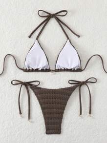 Set Bikini Seksi Wanita Musim Panas untuk Pantai, Warna Polos, Model Halter Neck dengan Tali Pengikat - MultiWarna - View 6