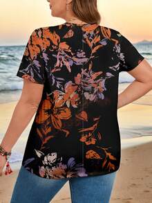 SHEIN CURVE+ Camiseta estampada vintage de ocio para mujeres de talla grande - Multicolor - Ver 2