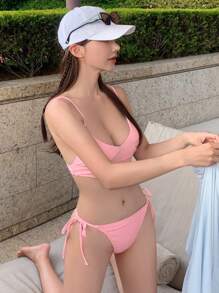 DAZY 女士夏季沙滩纯色性感吊带泳衣套装，适合度假邮轮穿着 - 粉色 - 查看 3