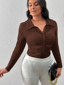 SHEIN Privé Slim Fit Turn-Down Collar Pleated Plus Size T-Shirt - Brown - View 5