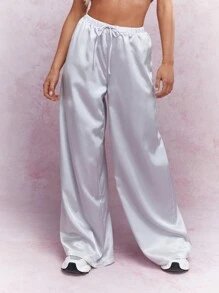 MISSGUIDED 缎面抽绳阔腿裤 办公室装 - 灰色 - 查看 1