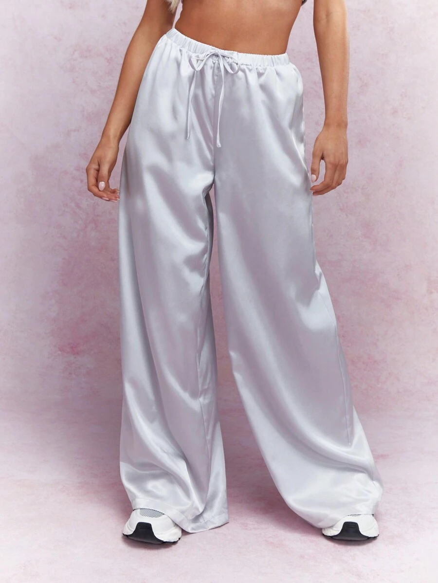 MISSGUIDED 缎面抽绳阔腿裤 办公室装 - 灰色 - 查看 1