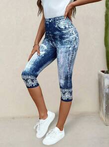EMERY ROSE Plus Size Women's Denim Effect Print Leggings - Blue - View 3