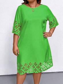 SHEIN LUNE 夏季激光剪裁休闲连衣裙 - 綠色 - 查看 6