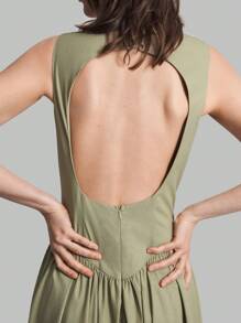 Ontre 2025 新款女士无袖领口收腰点缀抹茶绿商务连衣裙，超长设计，春夏女士工作服，优雅场合连衣裙，情人节