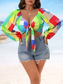 INAWLY Plus Size Xuân/Hè Áo sơ mi tay dài kẻ sọc kẻ sọc đơn giản có dây buộc - Nhiều màu - Xem 6