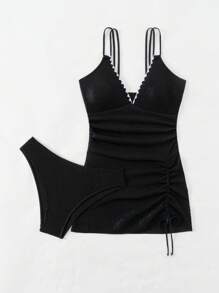 SHEIN Swim Contrast Binding Drawstring Side Swim Dress Summer - Black - View 7
