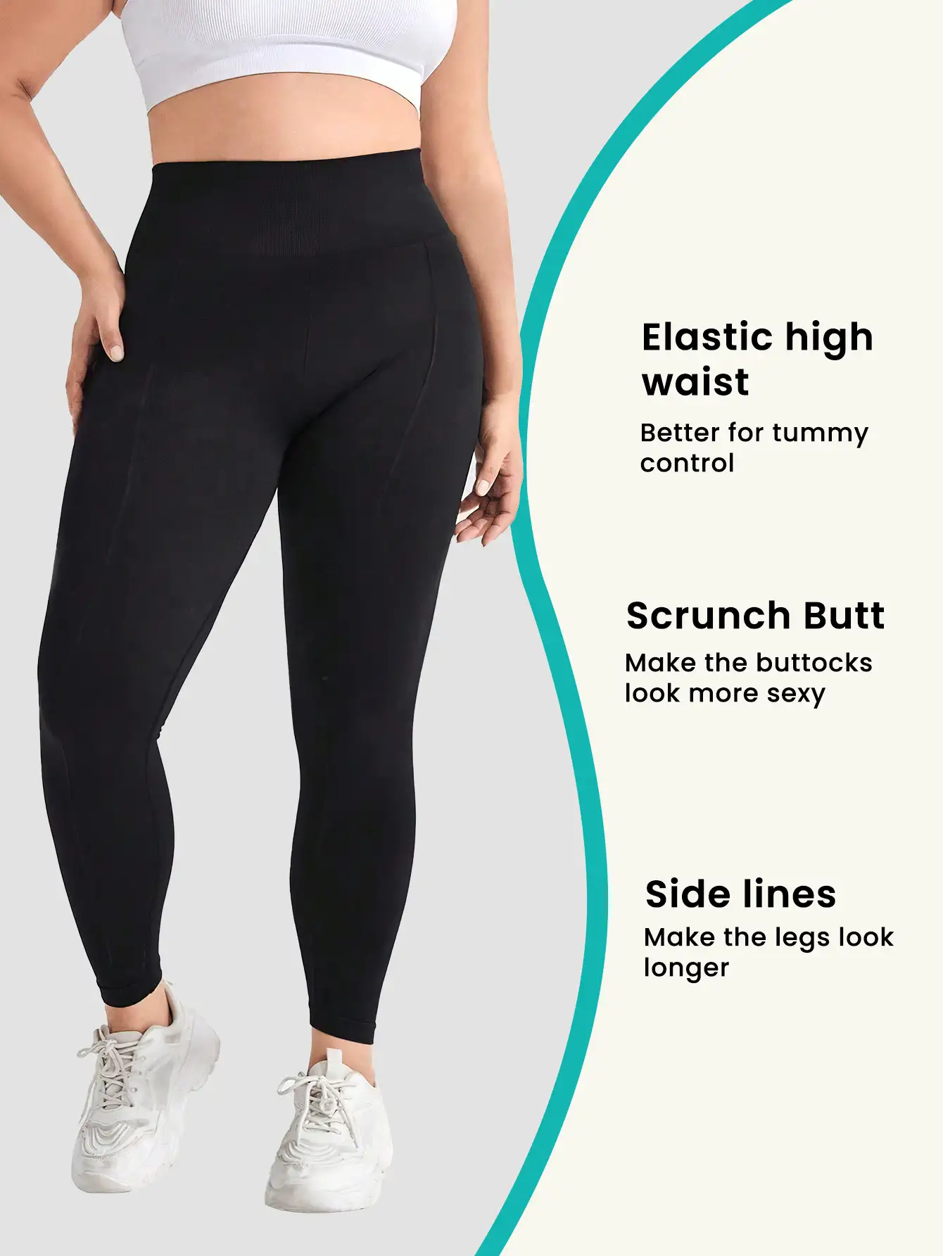 Easithlete Plus Solid Tummy Control Sports Leggings - Black - View 3