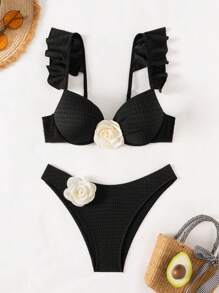 SHEIN Swim 女士夏季海灘比基尼套裝，3D花裝飾和性感頸後綁帶 - 黑色 - 查看 3
