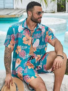 Manfinity RSRT Plus Men Tropical Print Shirt & Shorts - Green - View 6