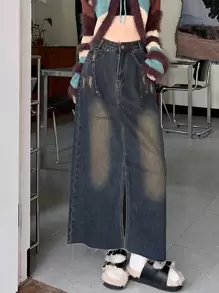 休闲复古水洗蓝色开衩撕边设计女式牛仔半身裙 - 深色水洗藍 - 查看 1