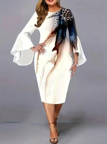 Elegant Printed Plus Size Dress For Women Casual Vacation Spring - White - View 1