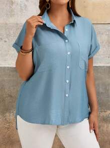EMERY ROSE Summer Plus Size Women's Solid Color Batwing Short Sleeve Shirt With Pocket And Open Front - Navy Blue - View 5