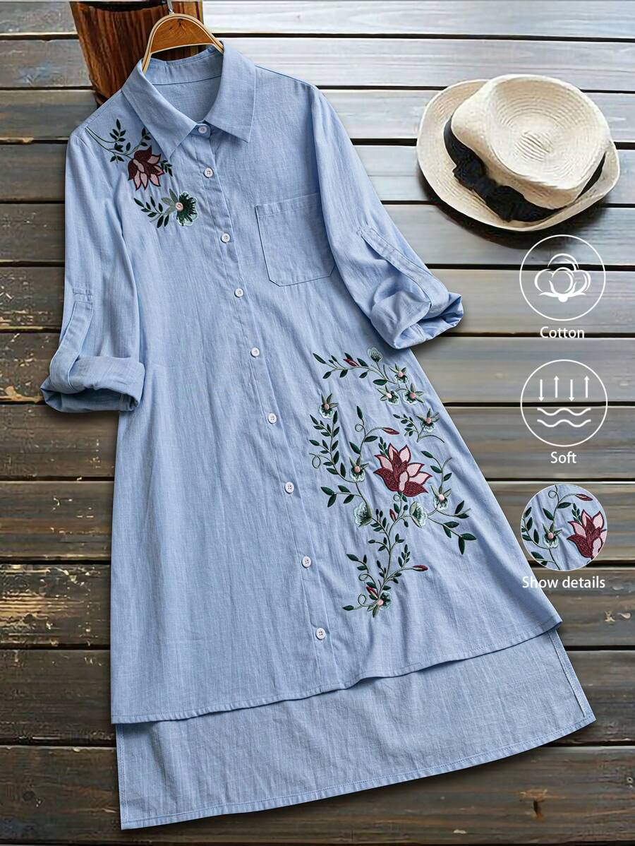 SHEIN Floral Embroidery High Low Shirt Dress Fall Cloth For Women - Light Wash - View 1