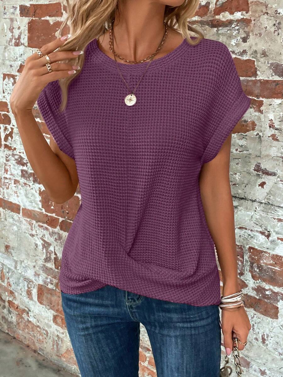 EMERY ROSE Solid Batwing Sleeve Twist Hem Tee - Purple - View 1