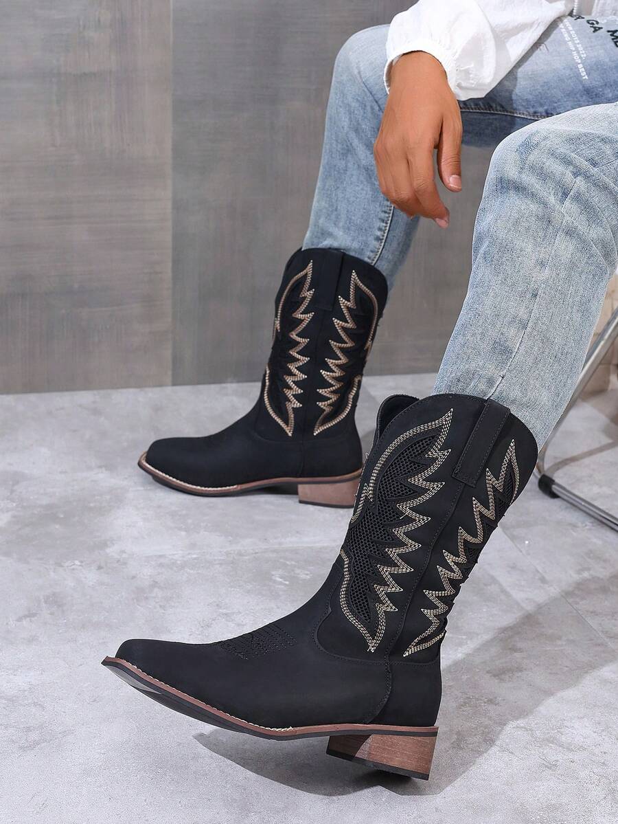 Men's Western Style Wide Square Toe Boots With Chunky Heel, Black Laser